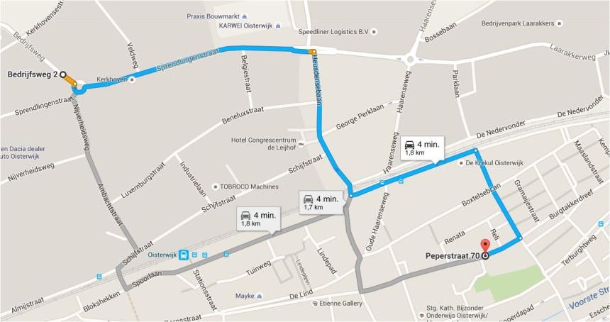 Afbeelding 14 Route in huidige situatie die loopt van Bedrijfsweg 2 naar Peperstraat 70 De routes bij linksaf-verbod en eenrichtingsverkeer zijn aan elkaar gelijk (Afbeelding 14).