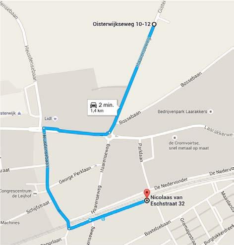 Afbeelding 16a Huidige route van Haarenseweg bij gemeentegrens naar Nicolaas van Eschstraat 32 De route bij een linksaf-verbod verloopt zoals Afbeelding 16b laat zien.