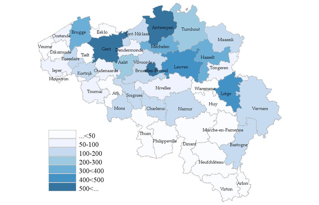 Kaart 5. Geografische verdeling van het aantal vroedvrouwen actief in de gezondheidszorg (PR) volgens arrondissement van tewerkstelling, 31/12/2014 Kaart 6.