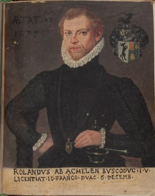 aet 23, uit s- Hertogenbosch, (ca 1552-). Gedeeld, I. in zilver een omgewende zwarte vos, II.