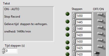 Zal het systeem stoppen met opnemen en in de tekstbalk zal verschijnen welke stap kleiner is als 700tr/min zoals in onderstaande figuur weergegeven: Figuur 58: Front panel bij te lage stap Het