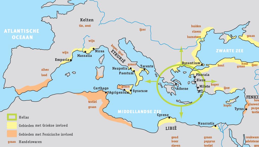 De Helleense kolonisatie (10 de 6 de eeuw v.c.): situatie 8. Om hun voedseltekorten op te lossen, sturen de meeste poleis (met uitzondering van bv. Sparta) hun teveel aan inwoners overzee.
