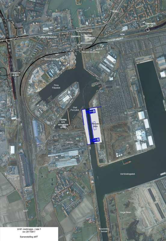 Fasering deel I Fase 1 (3 e kwartaal 2014 tot 4 e kwartaal 2018) zo vroeg mogelijk in project: oud Ferrydok opslag voor licht verontreinigde grond tijdens werken alle verkeer op zijn huidige bedding,