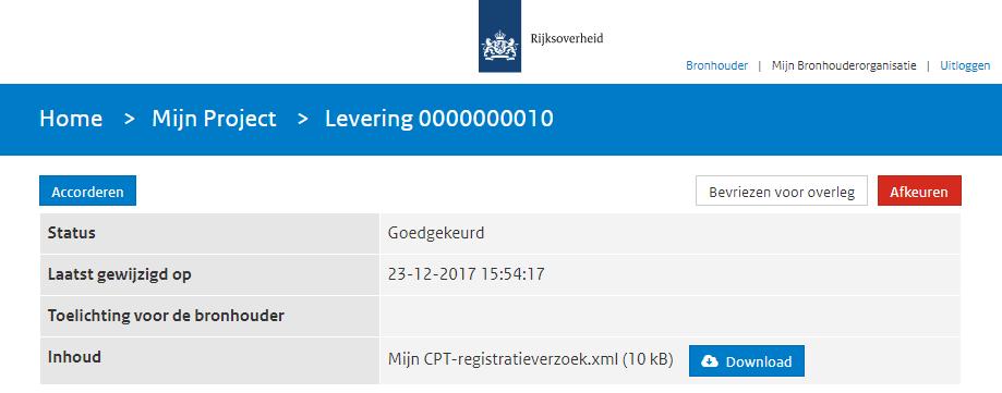 Detailoverzicht van een levering voor de Bronhouder (bovenste deel) Bekijk het bestand (optioneel) De controleur heeft het al voor u gedaan, maar als u wilt kunt u ook zelf op het detailoverzicht