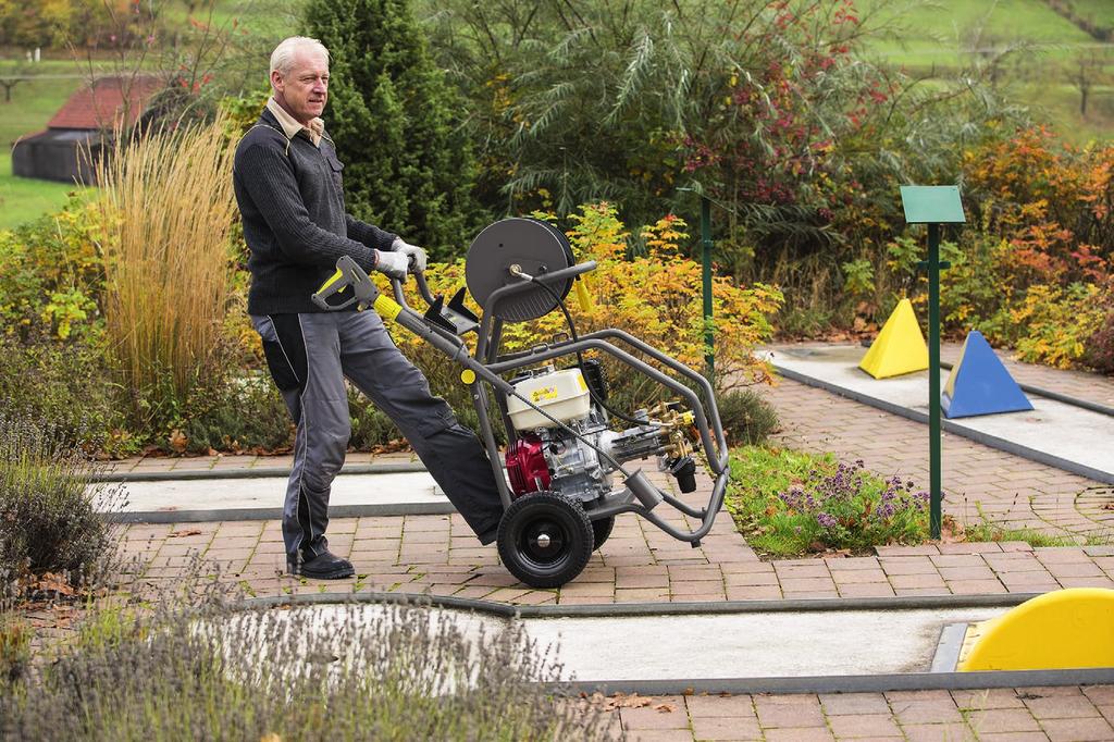 Technische gegevens en uitrusting HD 8/20 G Robuust, gepoedercoat buizenframe Traploze regeling van druk en hoeveelheid water aan het apparaat Lekbestendige wielen voor de grootste mobiliteit.