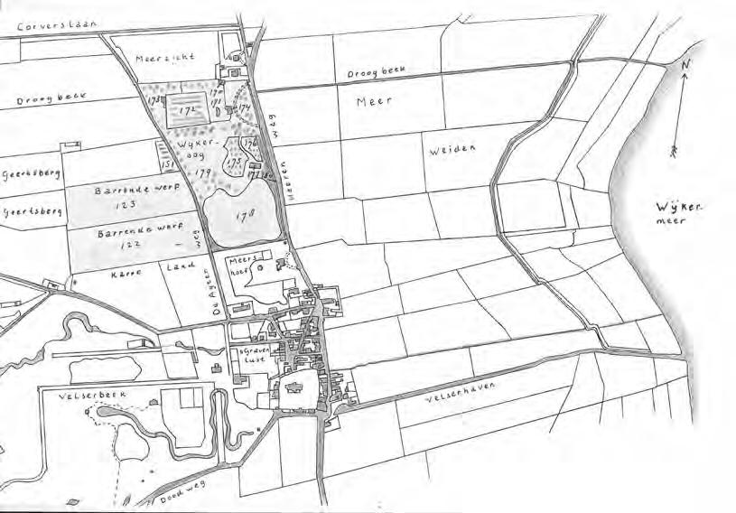 031 Wijkeroog in 1832. J. Morren, naar het kadastrale minuutplan door F.J. Nautz. Foto Noord-Hollands Archief, Kennemer Atlas. 032 De afgebrande woningen op Wijkeroog.