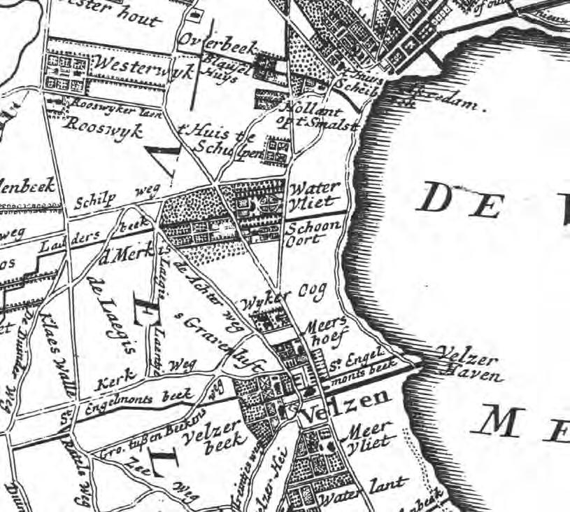 033 De ligging van de hofstede Wijkeroog weergegeven op een gedeelte van de kaart in het Zegepralent Kennemerlant uit 1729. Privé verzameling J. Morren.