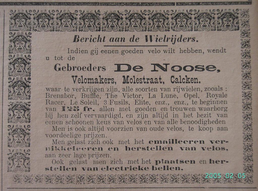 Reclameboodschap voor Gebroeders De Noose als velomakers te Kalken, onder andere August De Noose (18841962). Uittreksel De Scheldegalm, 17 februari 1907. Illustratie 4.