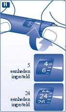 Gebruik voordat u de insuline injecteert altijd de instelknop en de aanwijspijl om te zien hoeveel eenheden u heeft ingesteld. Tel niet het aantal klikken van de pen.