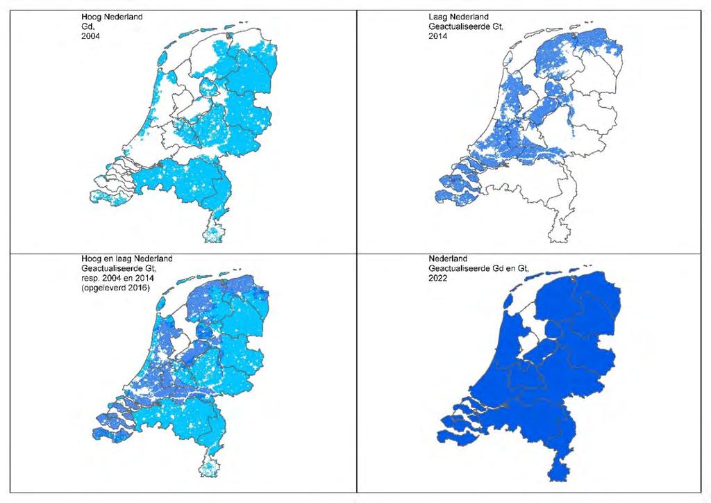 Figuur 1 Landsdekkende weergave van de regio s waar de informatie over grondwaterstandsdiepten is geactualiseerd. Linksboven: Gd-kaart van hoog Nederland (2004).