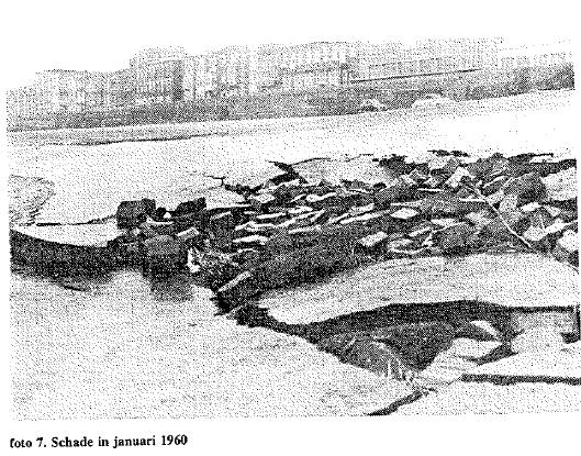 Foto 14.1: Schade januari 1960 Na een storm een week later (29 januari) was er weer veel schade. De volgegoten scheuren stonden weer open.