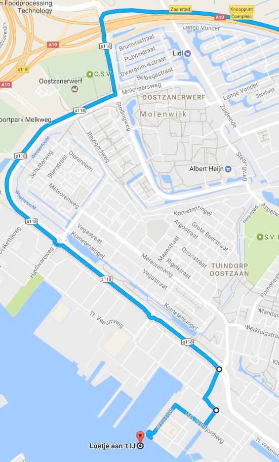 Vanaf Amsterdam Volg de borden A10 richting Ring Volg de rechterrijstrook bij het knooppunt Coenplein om de borden A8 / E22 richting s118 / Zaanstad / Purmerend / Leeuwarden te volgen Houdt