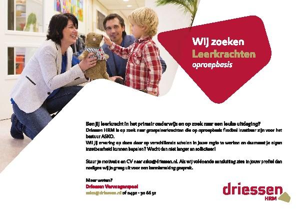Ben jij leerkracht in het primair onderwijs en op zoek naar een leuke uitdaging? Driessen HRM is op zoek naar groepsleerkrachten die op oproepbasis flexibel inzetbaar zijn in regio Amsterdam.