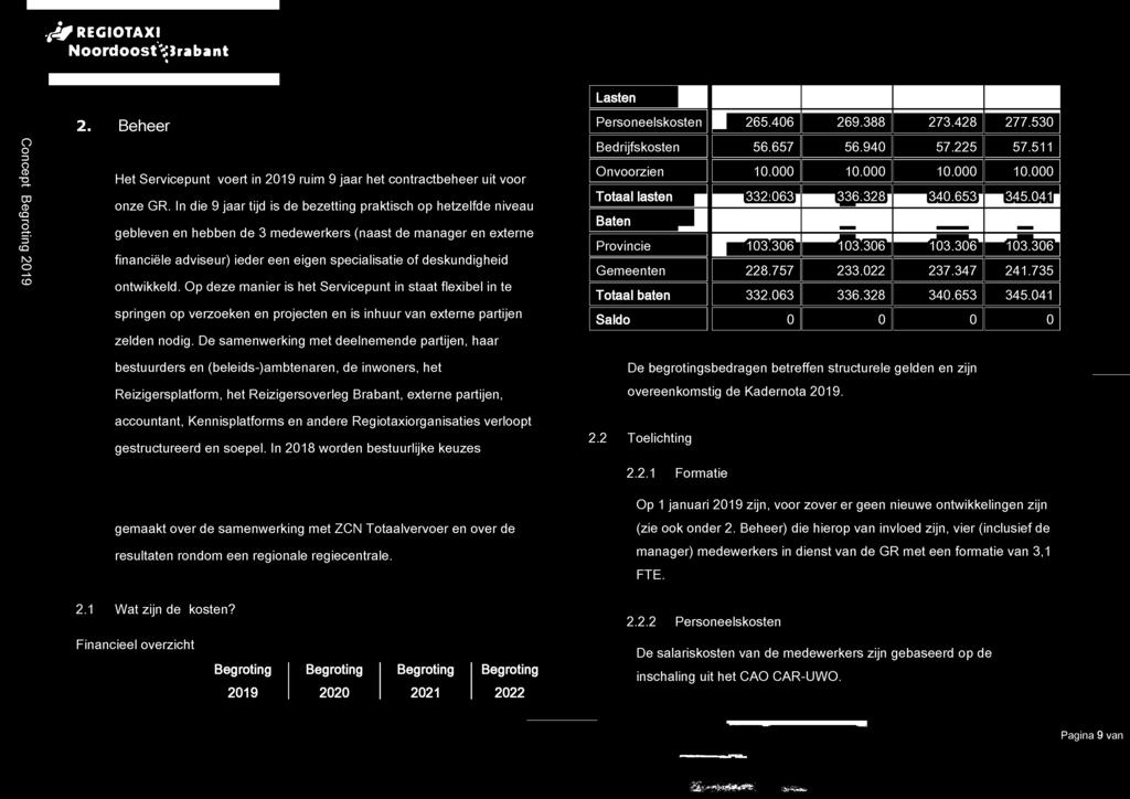 andere Regiotaxiorganisaties verloopt gestructureerd en soepel. In 2018 worden bestuurlijke keuzes Lasten Personeelskosten 265.406 269.388 273.428 277.530 Bedrijfskosten 56.657 56.940 57.225 57.