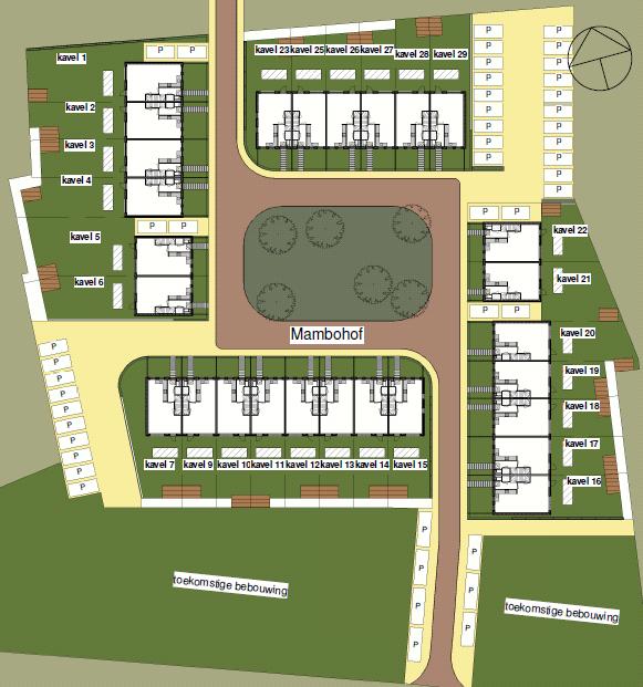 2.4 Ruimtelijke opzet Aanleiding voor onderhavig plan is een ingediend bouwplan van IAA in opdracht van Loostad. Het betreft in totaal 27 woningen aan het Mambohof. 2.4.1 Opzet Mambohof Het rechthoekige hof wordt aan vier zijden begrensd door woningen.