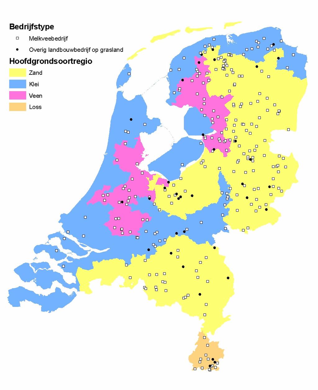 Figuur 2.1 Ligging van de in 2007 bemonsterde 295 graslandbedrijven deelnemende aan de waterbemonstering ten behoeve van het derogatiemeetnet.