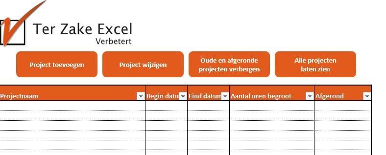 1. Projecten In het werkblad projecten kun je projecten toevoegen aan het bestand.