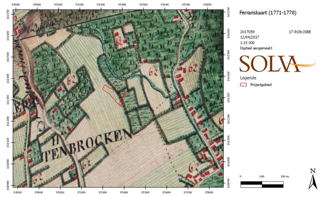 Historisch cartografische documentatie van het projectgebied a) Jozef Johan Frans Ferraris Kabinetskaart der Oostenrijkse Nederlanden en het Prinsbisdom Luik: Aelst (1771-1778) Figuur 19.