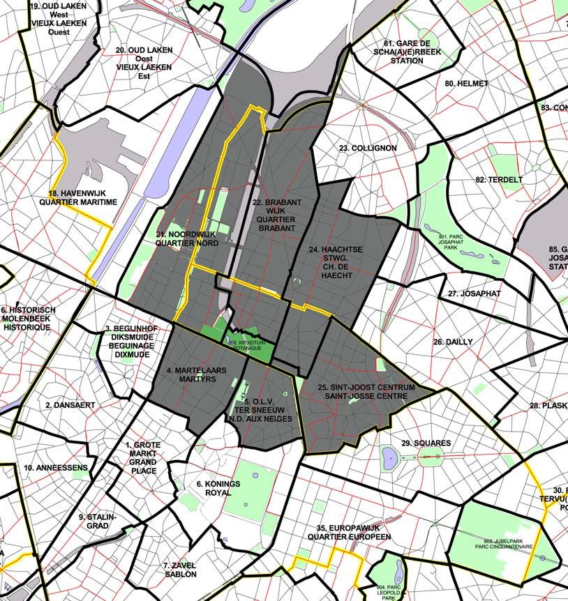 5. Analyse van de vraag naar groene gebieden Het observatiegebied in de strategische zone «Kruidtuin» omvat 6 wijken van de Wijkmonitoring 4 die in de onmiddellijke omgeving liggen van de Kruidtuin: