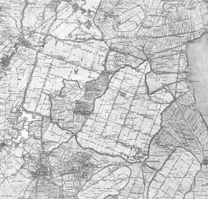 Schermer - Beemster Provincie Noord-Holland 3 Uitsnede historische kaart 850 (Topotijdreis) Uitsnede hoogtekaart (Actueel Hoogtebestand Nederland) ONTSTAANSGESCHIEDENIS De voormalige meren (Purmer,