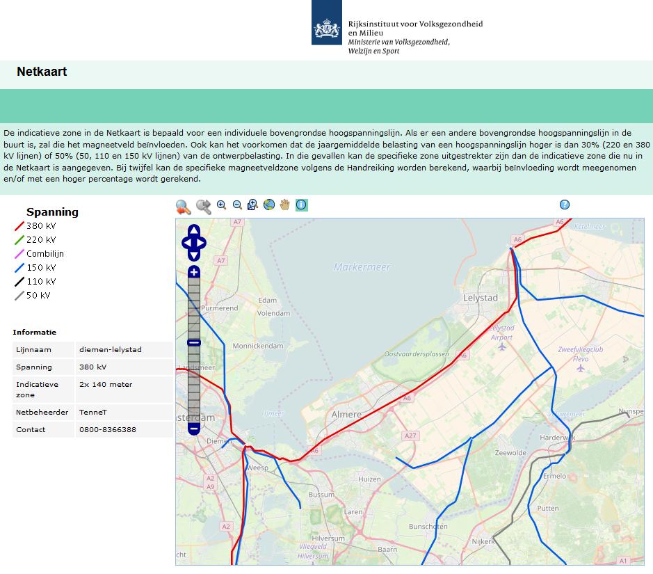 Voorbeeld: Volgens de onderstaande Netkaart is de indicatieve zone (0,4 µt) van de 380 kv hoogspanningslijn Diemen Lelystad 2x140 meter.