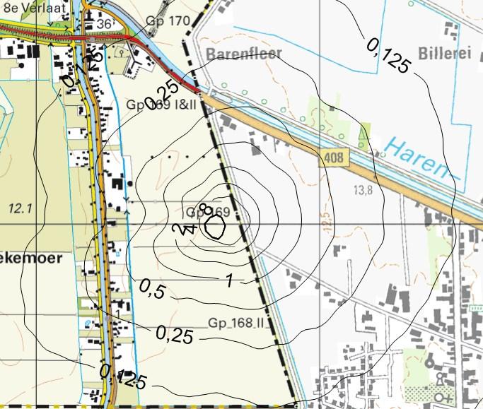 Figuur 3: Geurcontouren in ou E als 99,5 percentiel De 99,5 percentiel contour geeft de geurbelasting weer die 44 uur per jaar wordt overschreden.