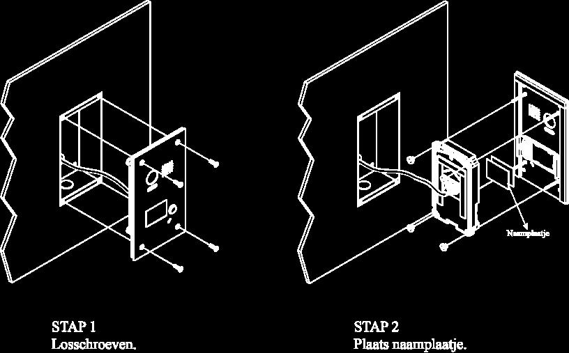 4.2 Naamplaatje plaatsen 1. Open de buitenpost met de speciale meegeleverde sleutel. 2. Neem het toestel uit de inbouwdoos en verwijder de gekartelde moeren aan de achterzijde. 3.