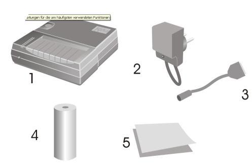 2. Uitpakken De levering omvat: 1 - Printer 2 - oedingsapparaat 3 - Adapterkabel 4-1 x rol thermisch papier 5 - Gebruiksaanwijzing Gelieve u middellijk tot uw handelaar te richten indien één van de