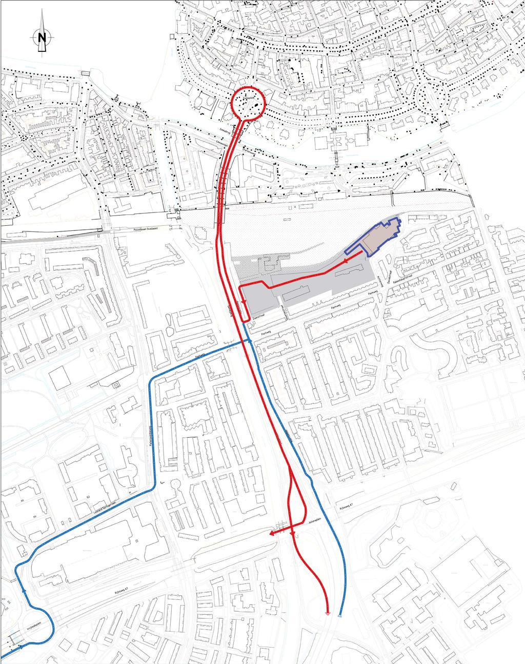 Route van het bouwverkeer Omschrijving van de route Het bouwverkeer dat het sloopterrein verlaat rijdt via het PostNL-gebouw over het terrein van de Glasfabriek en slaat dan rechtsaf naar het