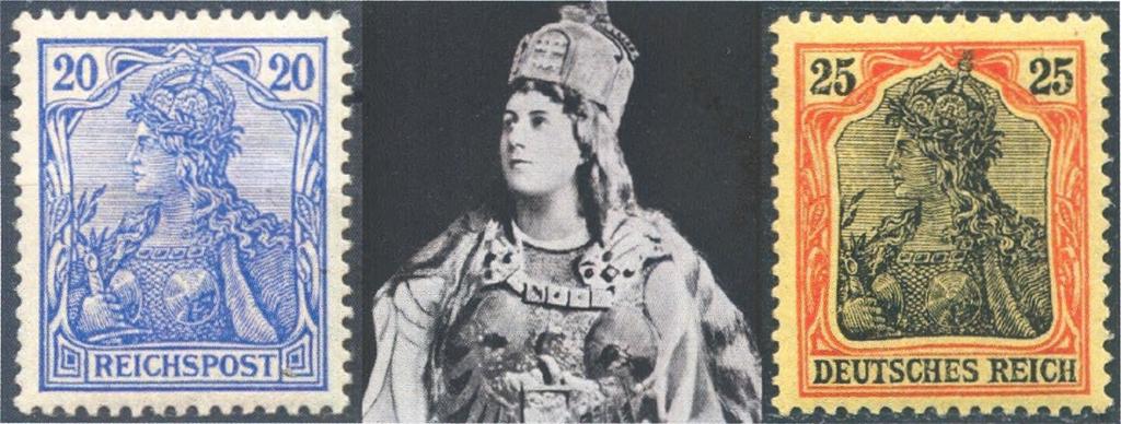 Een van de bekende langlopende series frankeerzegels in Duitsland is het type Germania. De actrice Anna Führing (1866-1929) (afb.