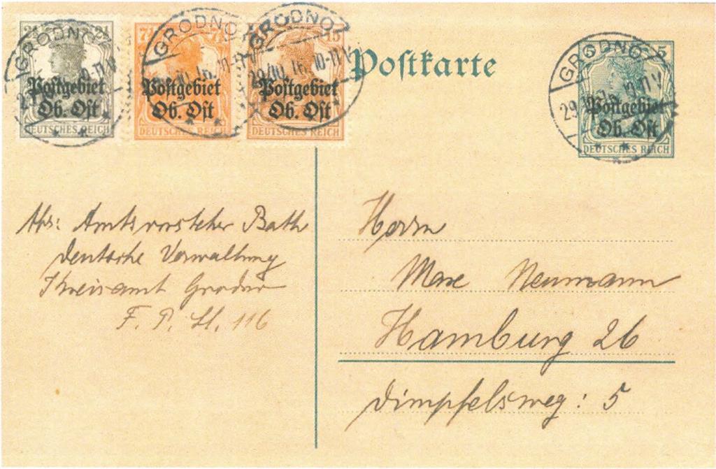In mei 1915 komt het Kaiserlich-Deutschen Postund Telegraphieamt in Polen in werking en op 12 mei verschijnen Germania-zegels met de op druk "Russisch Polen" (afb. 4).
