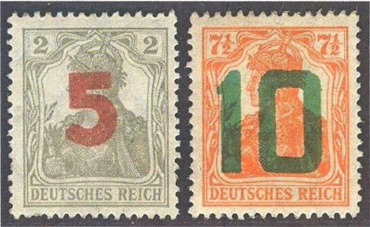 Het waren zegels van 2 en 7½ pfennig met een opdruk van 5 en resp. 10 (afb. 16).