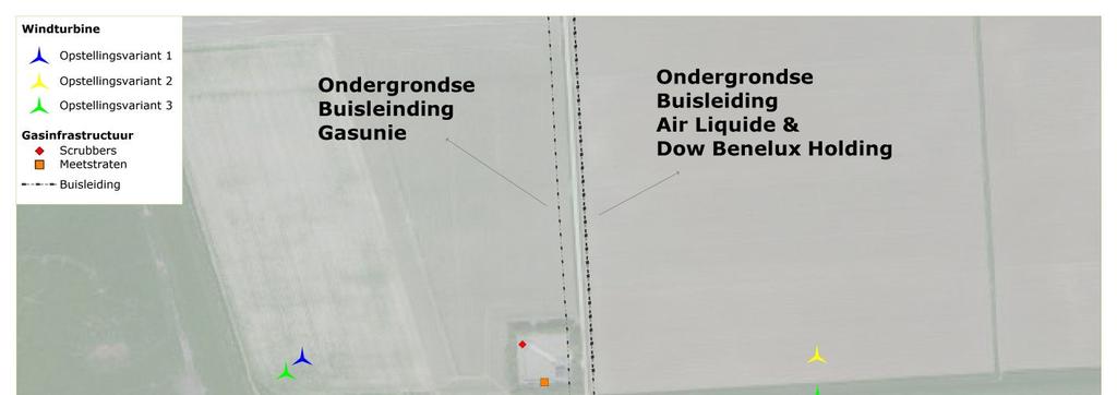 Figuur 1 - Locatie van windturbines in verschillende layouts en de gasinfrastructuur nabij windpark Kabeljauwbeek 2.
