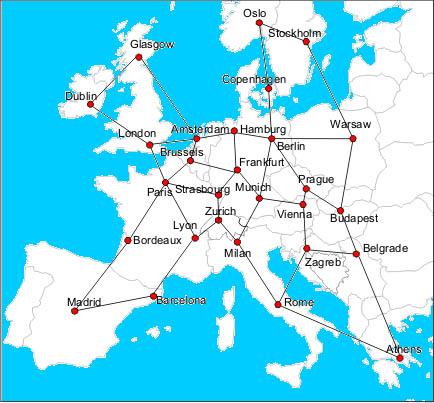3.3 Netwerken 13 diameter van 5051 km. Figuur 3.1: Het Pan-Europees Referentienetwerk Het tweede testnetwerk is een (hypothetisch) Duits netwerk.