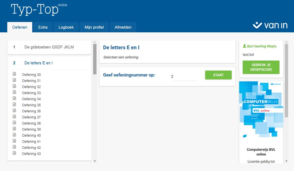 2 Oefeningen maken Het startscherm geeft een overzicht van de hele applicatie. Je vindt hier meteen de oefeningen terug. Je kunt steeds naar dit scherm terugkeren door op de tab Oefenen te klikken.