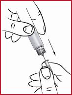 (k) Maak m.b.v. een ontsmettingsdoekje de huid op de plaats van injectie en er omheen schoon. (l) Verwijder de pendop (zie 3). (m) Verwijder de naaldbeschermer (zie 6).