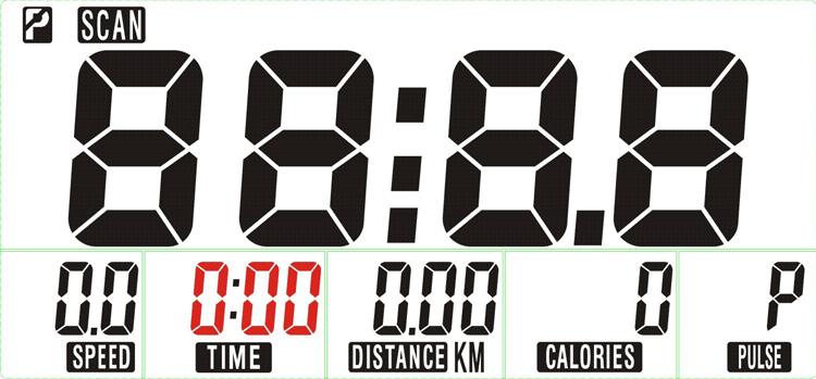 4. Use SCAN: Displays all display values for a few seconds in the main window. The order of appearance is: TIME > DISTANCE > CALORIES > PULSE > RPM/SPEED.