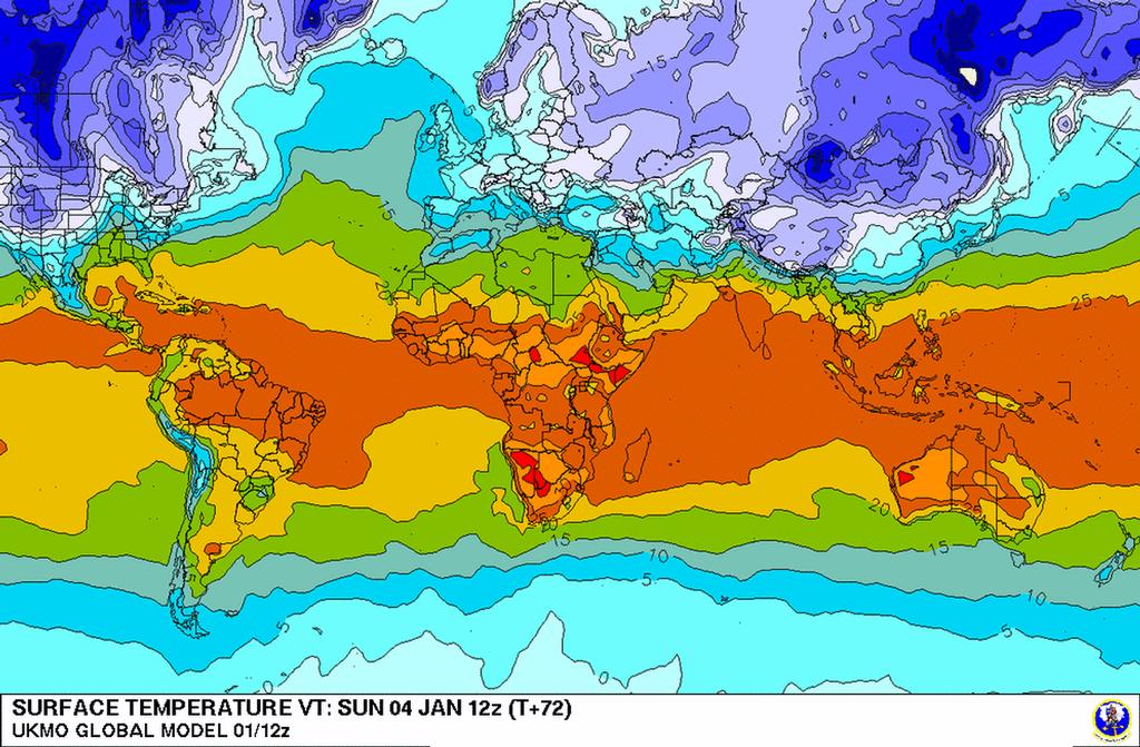 De kaart hierboven is de temperatuurkaart van de wereld van 4 juli om 2 uur in de middag Nederlandse tijd. De isothermen zijn met 5 C verschil ingetekend. Hoe roder de kleur, hoe warmer.