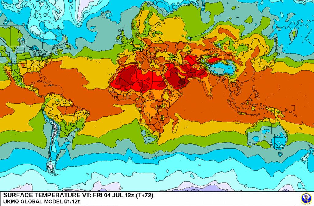 Het temperatuurverloop verschuift met de seizoenen. Op de kaart van 4 juli is het noordelijk halfrond warmer is dan het zuidelijk, de warmste gebieden liggen noordelijker dan de evenaar.