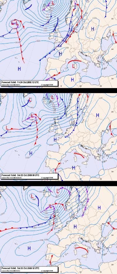 Enkele voorbeelden van weerkaarten Grondkaarten met drukverdeling en fronten geven veel informatie over het weer.