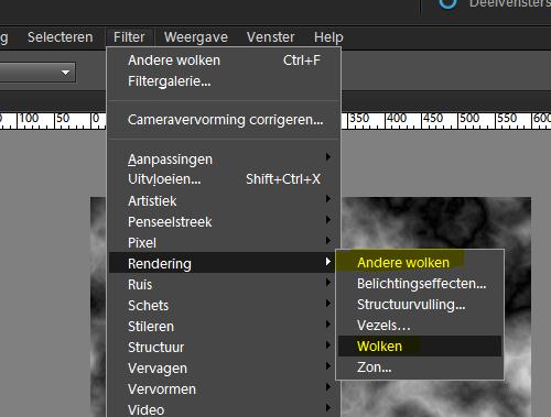 2) Zorg dat de standaardkleuren hersteld zijn (D toets aanklikken) Ga naar Filter Rendering Wolken En daarna Filter Rendering Andere wolken.