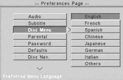 3. Druk op de toets om naar de optie DISC MENU te gaan. De taalopties worden weergegeven. 4. Druk op de toets om naar de eerste taaloptie te gaan. 5.