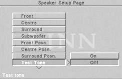 Setup - menu s Nederlands TEST TONE (TEST-TOON) Als de optie Test Tone wordt ingeschakeld (instelling: ON), wordt er een toonsignaal naar alle luidsprekers (behalve de subwoofer) gezonden, te