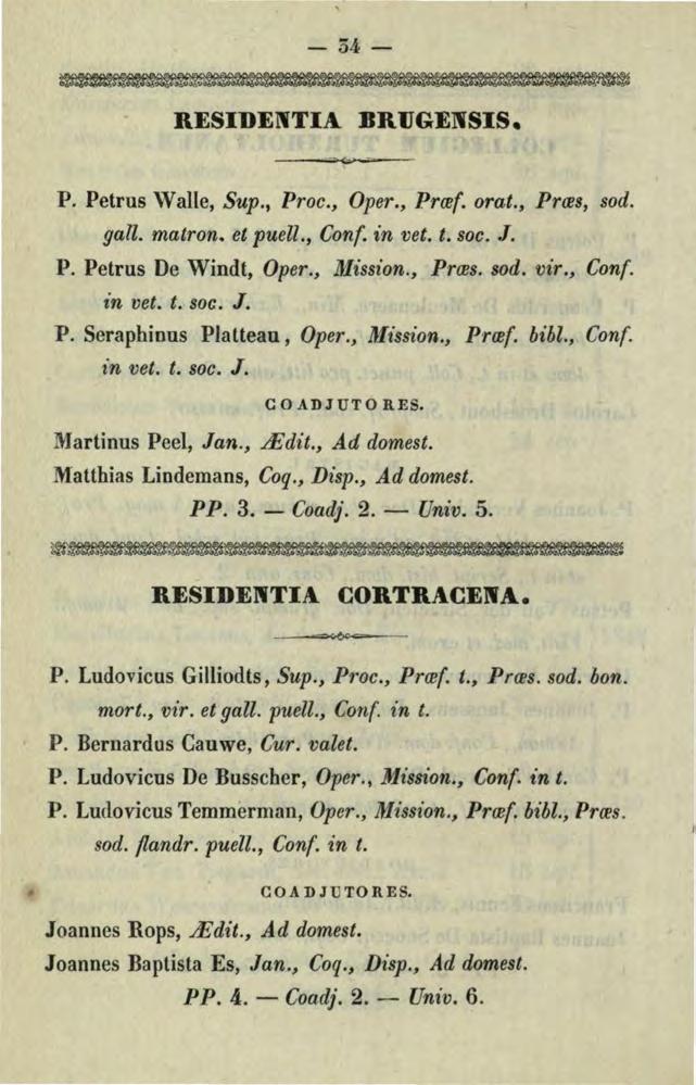 -54- ~~~~~~ RESIDENTIA BR1JGENSIS. P. Petrus Walle, Sup., Proc., Oper., Prmf. orat., Prres, sod. gall. matron. et puell., Con(. in vet. t. soc. J. P. Petrus De Windt, Oper.,... Mission., Prms. sod. vir.