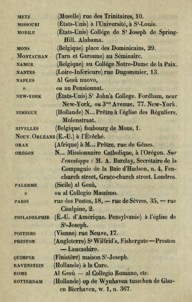 METZ MISSOURI liobile (Moselle) rue des Trinitaires, 10. (Etats-Unis) a l'université,. a St-Louis. (États-Unis) Collége de St Joseph de Spring- Hill. Alabama.