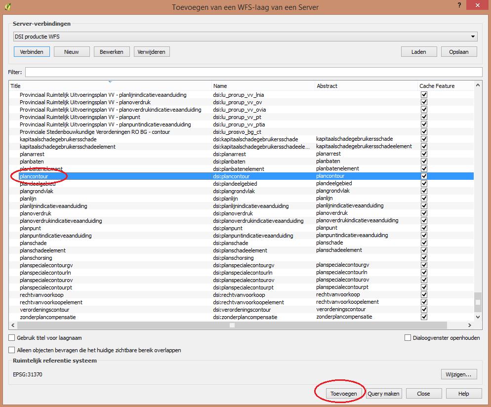 figuur 4 - Inladen van de plancontour WFS laag (QGIS)