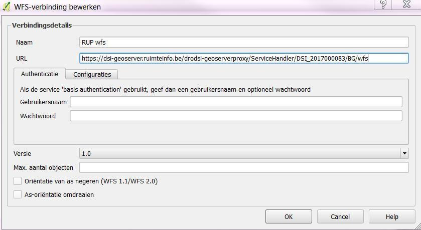 figuur 9 - WFS verbinding voor een specifiek dossier (QGIS) Klik op OK om de connectie te bewaren.