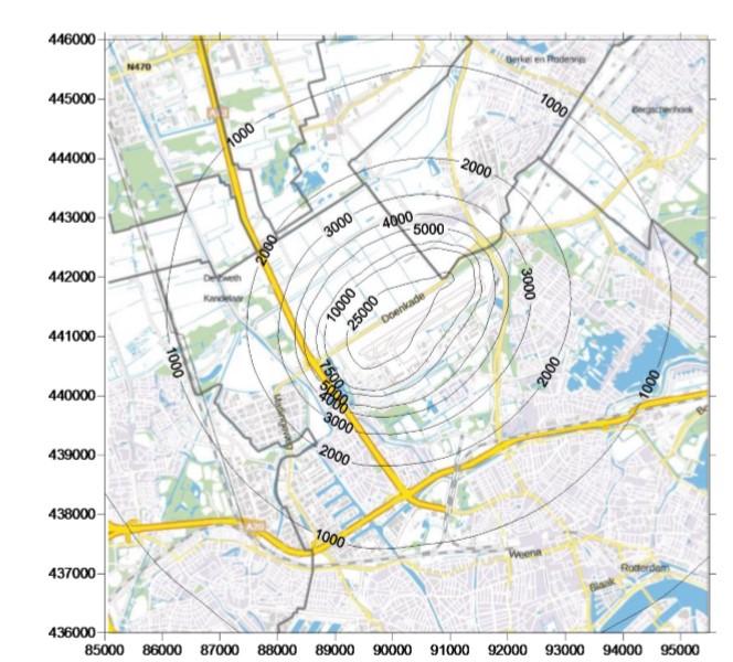 TNO-rapport TNO 2018 R10714 30 / 36 Figuur 16 Jaargemiddelde iso-contouren van de bijdrage van RTHA aan de concentratie van UFP in #/cm 3 voor het jaar 2015 Voor de luchthaven Zestienhoven (RTHA) is