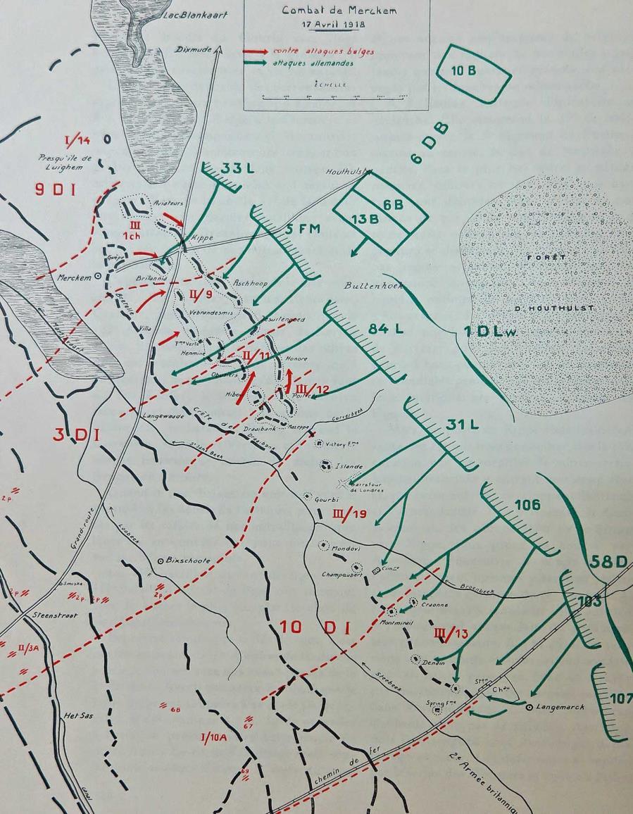 Slag bij Merkem (16 en 17 april 1918): de positie van het 3de bataljon van het 19de Linieregiment centraal op het kaartje (6) Armand stierf op 17 april 1918 aan de verwondingen die hij opliep