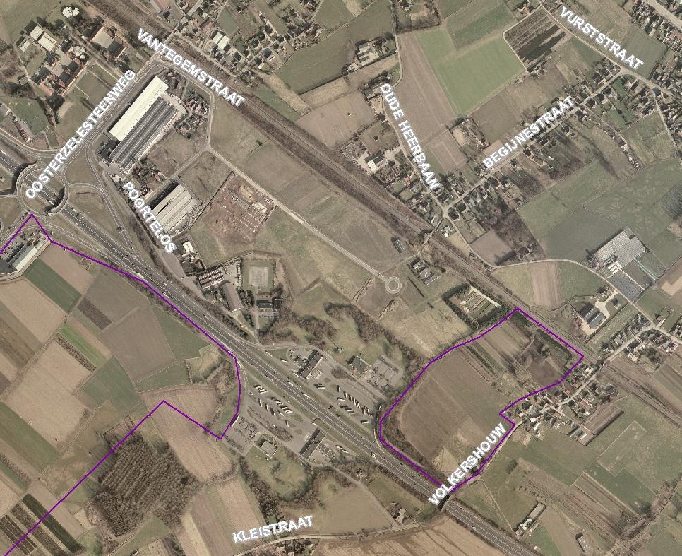Planbeschrijving Planalternatief 3 - Zoekzone uitbreiding bedrijventerrein Vantegem De zoekzone is gelegen ten zuidoosten van het RO-gebied Vantegem, tussen de spoorlijn Gent-Brussel, de 42, de E40